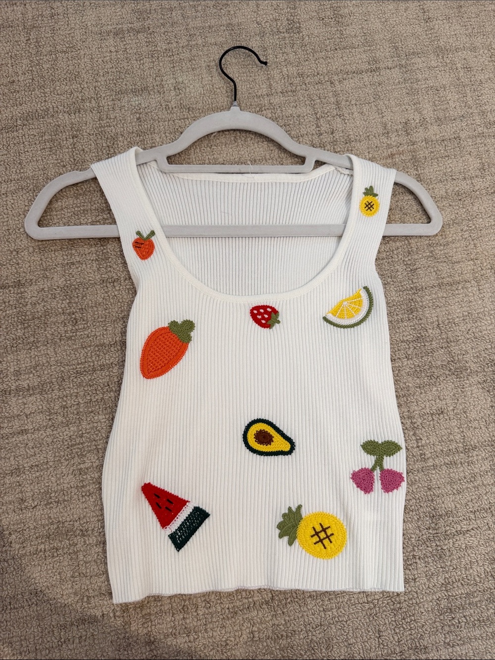 White Ribbed Fruit Patch Tank Top